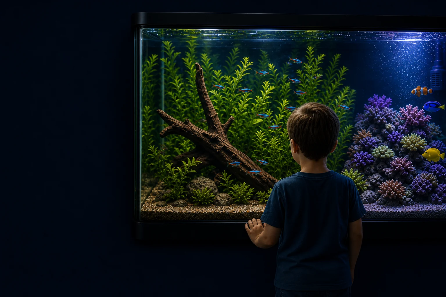 Child admiring a healthy aquarium with lush freshwater plants, colorful fish, and a vibrant coral reef