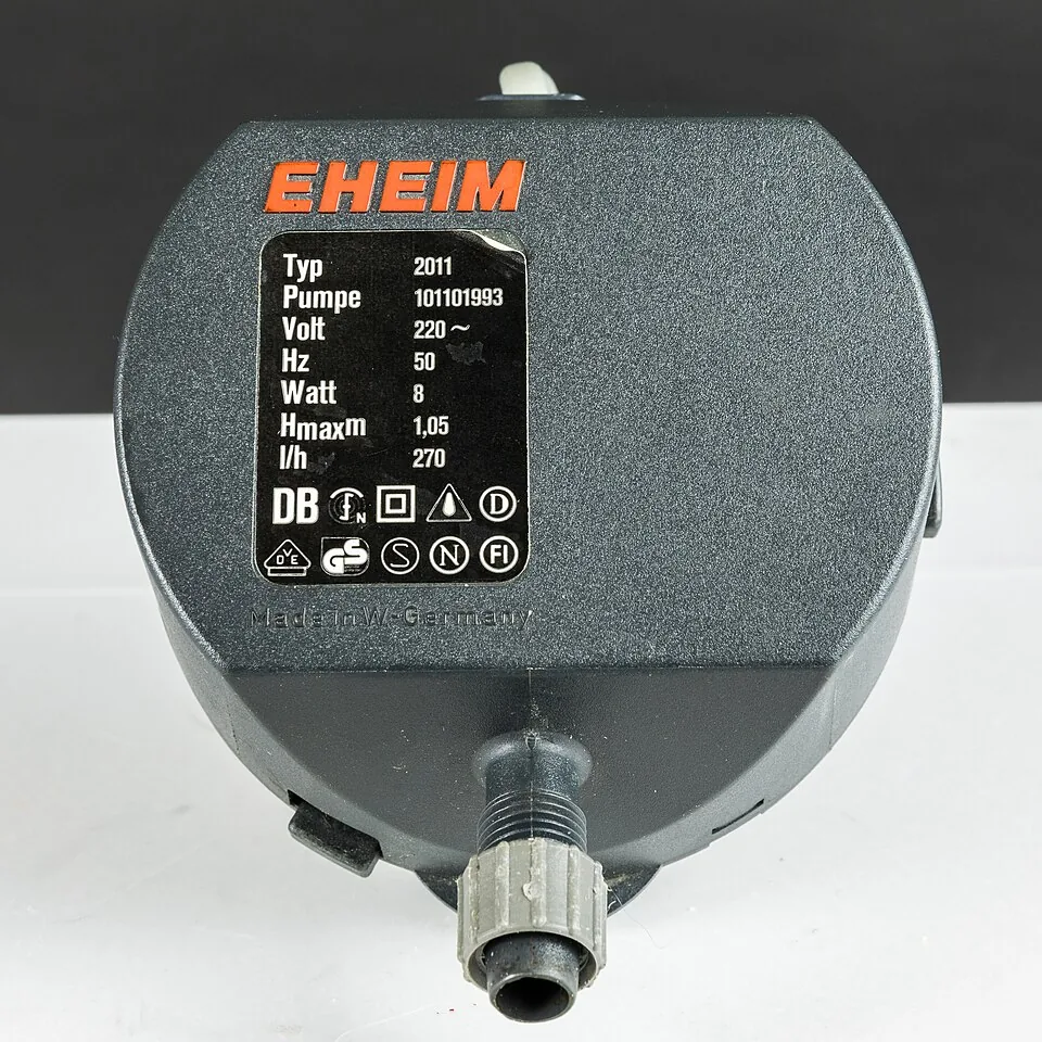 The specification plate on an Eheim aquarium filter pump