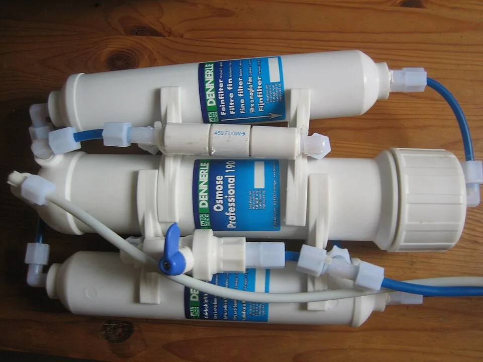 A compact reverse-osmosis unit with tubing and filter housings