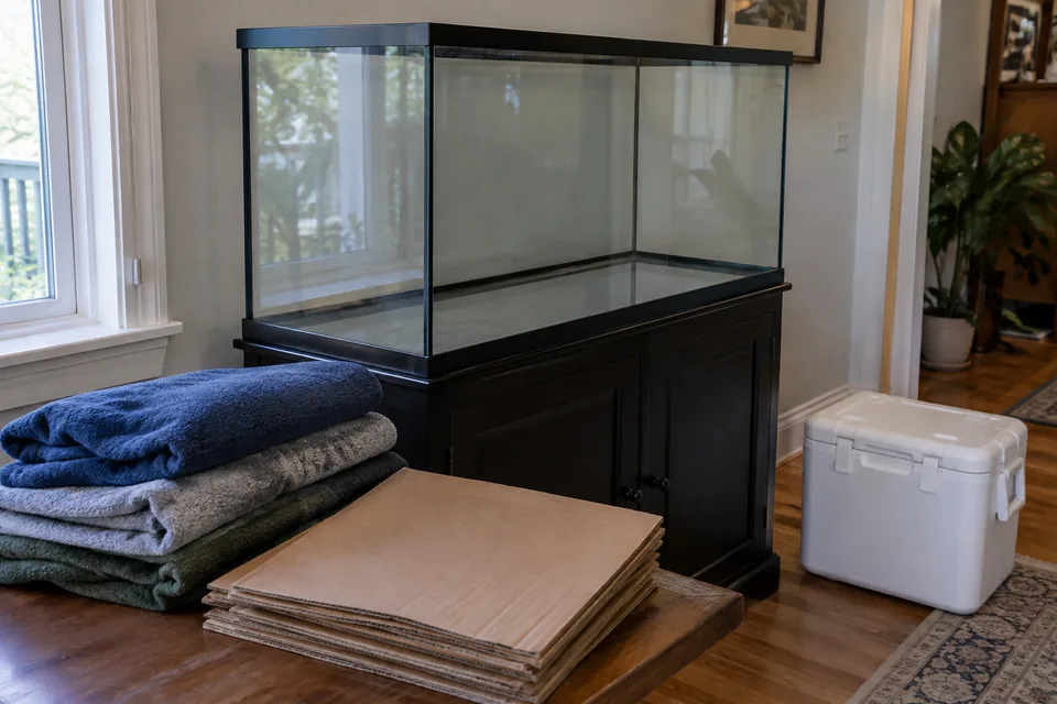 An empty aquarium beside padded packing materials and a closed transport cooler