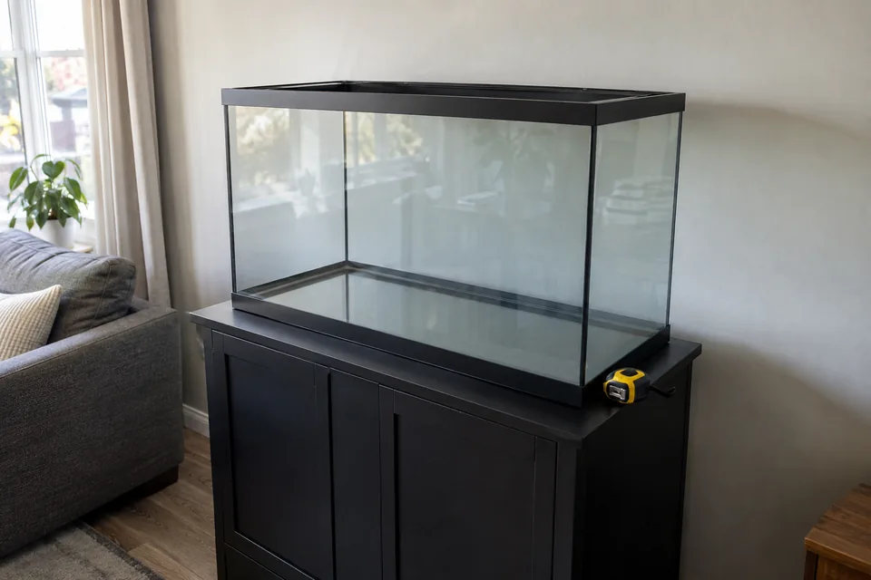 An empty glass aquarium on a sturdy cabinet with a tape measure nearby