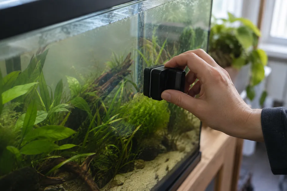 A hand moving a magnetic glass cleaner along a home aquarium