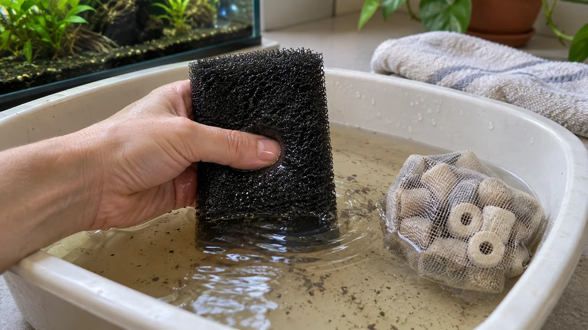 A hand gently cleaning a filter sponge in a basin of removed aquarium water beside wet ceramic media