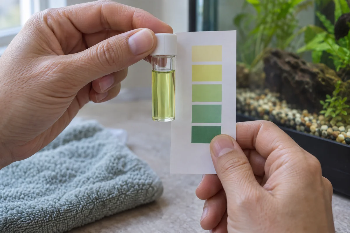 Hands comparing a capped water-test vial with uncalibrated color swatches beside an aquarium