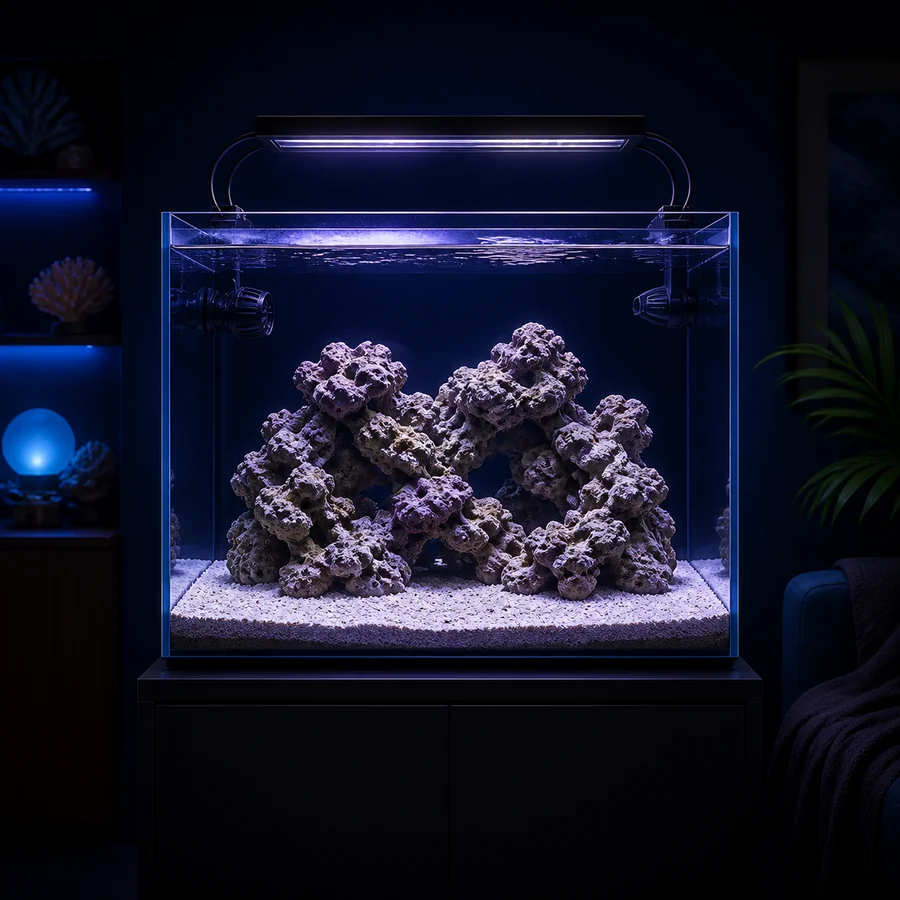 Aquarium setup planning illustration used in the Fishician saltwater journey